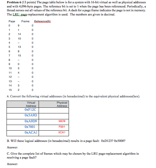 Problem 6 (13 points) The page table below is for a system with 16-bit virtual as well as physical addresses and with 4,096-b