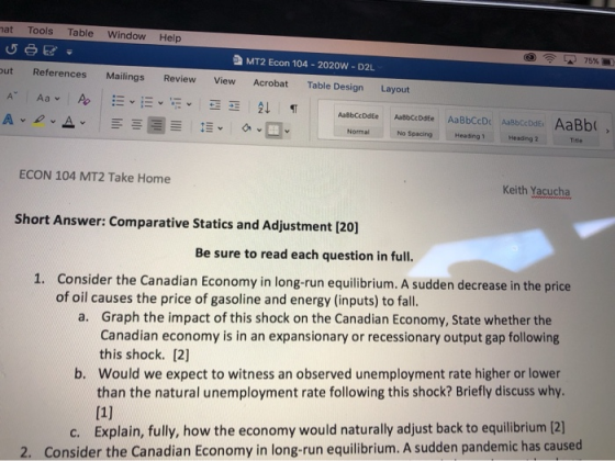 mat Tools Table Window Help Review out References A Aa Po APA Mailings E 75% MT2 Econ 104 - 2020W - D2L View Acrobat Table De