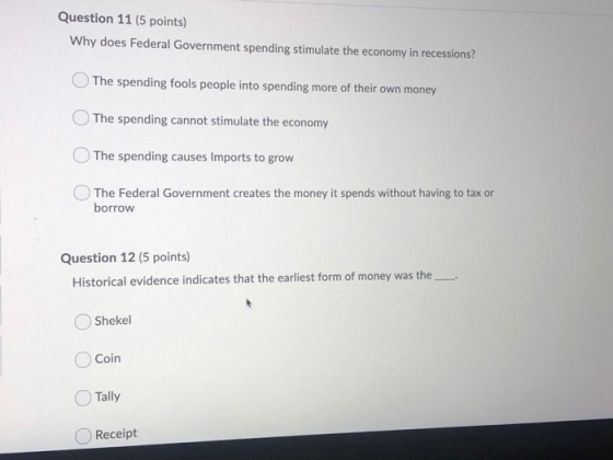 Question 11 (5 points) Why does Federal Government spending stimulate the economy in recessions? The spending fools people in