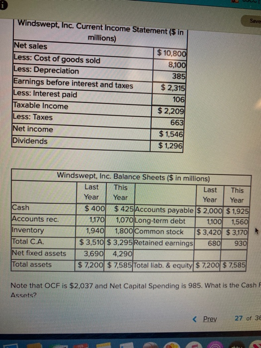 Windswept, Inc. Current Income Statement ($ in millions) Net sales $ 10,800 Less: Cost of goods sold 8,100 Less: Depreciation