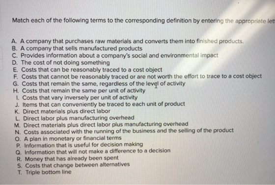 Match each of the following terms to the corresponding definition by entering the appropriate lett A. A company that purchase