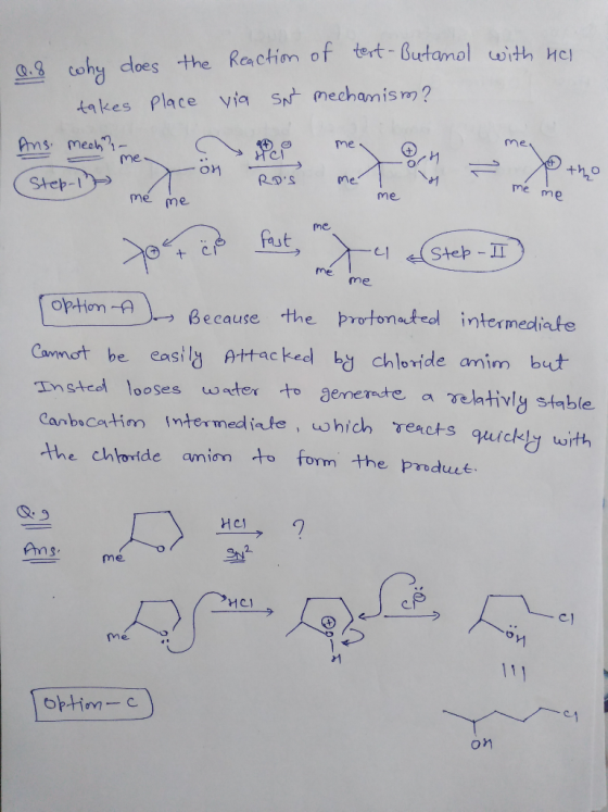 Q.8 I why does the Reaction of tert-Butano with hel takes place via SN mechanism? me (Step-17 me me yot fut, ata astep-IT) -