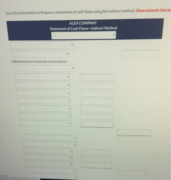 Use this information to Prepare a statement of cash flows using the indirect method. (Show amounts that de ALEX COMPANY State