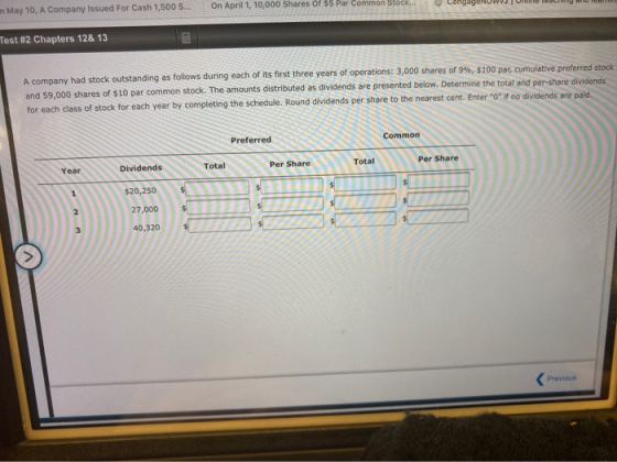 May 10, A Company issued For Cash 1,500 S... On April 1, 10,000 Shares of SS Par Commons Test #2 Chapters 128 13 A company ha