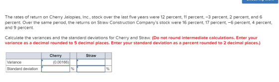 The rates of return on Cherry Jalopies, Inc., stock over the last five years were 12 percent, 11 percent, -3 percent, 2 perce