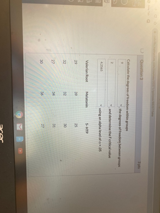 Cabelostructure com/courses/20371/quizzes/88207/take Question 3 3 pts Calculate the degrees of freedom within groups the degr