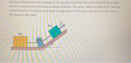 The figure below shows two masses m =4.1 kg and m2=4.6 kg which are connected by a cable and are in contact with frictionless