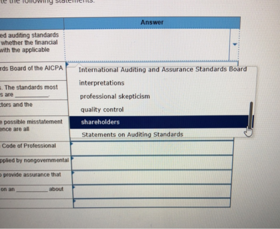 Answer ed auditing standards whether the financial with the applicable rds Board of the AICPA International Auditing and Assurance Standards Board interpretations professional skepticism quality control shareholders Statements on Auditing Standards . The standards most s are tors and the e possible misstatement ence are all Code of Professional pplied by nongovernmental provide assurance that on an about