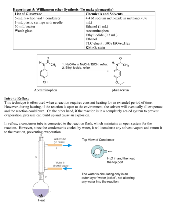Experiment 5: Williamson ether Synthesis (To make phenacetin) List of Glassware Chemicals and Solvents 5-mL reaction vial + c