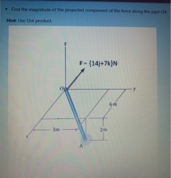 • Find the magnitude of the projected component of the force along the pipe OA. Hint: Use Dot product. z F= {14j+7k}N 6 m 3m