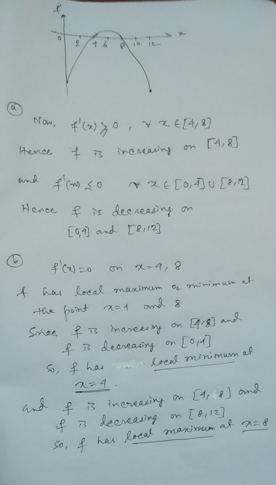 2/46 Pro 12 @ Now, f (x Now, f(x)zo, xx E[4,8] Hence & is increasing on and fanco & at [0, 4] U [8,12] Hence f is decreasing