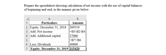 Prepare the spreadsheet showing calculation of net income with the use of capital balances of beginning and end in the manner