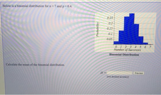 Below is a binomial distribution for n-7 and p 0.4. 0.25 0.2 0.15 0.1 0.05 Number of Successes Binomial Distribution Calculat