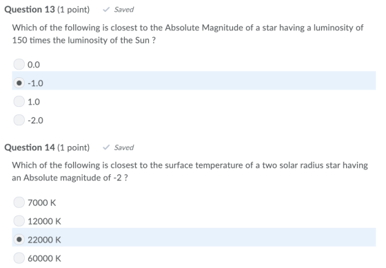 Question 13 (1 point) Saved Which of the following is closest to the Absolute Magnitude of a star having a luminosity of 150