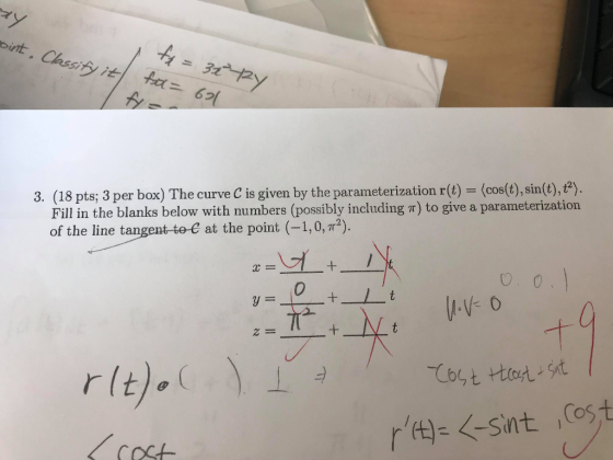 bint 3. (18 pts; 3 per box) The curve C is given by the parameterization r(t) (cos(t),sin(t),12). Fill in the blanks below with numbers (possibly including r) to give a parameterization of the line tangent to-e at the point (-1,0 ,T2) 0 Cost