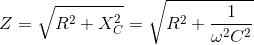 Z=\sqrt{R^{2}+X^{2}_{C}}=\sqrt{R^{2}+\frac{1}{\omega^{2} C^{2}}}