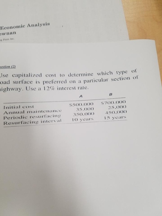Economic Analysis ewnan restion (2) Jse capitalized cost to determine which type of oad surface is preferred on a particular