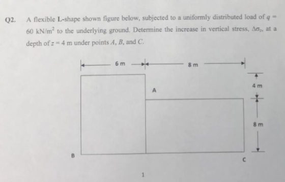 Q2. A flexible L-shape shown figure below, subjected to a uniformly distributed load of q - 60 kN/m2 to the underlying ground. Determine the increase in vertical stress, depth of z 4 m under points A, B, and C. at a 6 m 4 m 8 m