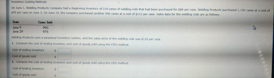 Inventory Costing Methods On June 1, Welding Products Company had a beginning inventory of 210 cases of welding rods that had