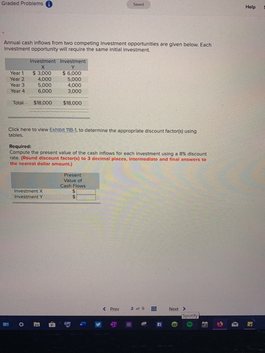 Graded Problems Saved Help Annual cash inflows from two competing Investment opportunities are given below. Each investment o