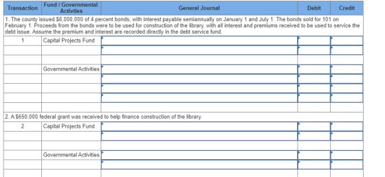 Transaction Fund / Governmental General Journal Debit Credit Activties 1. The county issued $6,000,000 of 4 percent bonds, wi