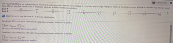 Question Help The values isted below are waiting times in minutes of customers at two different banks At Bark A customers are