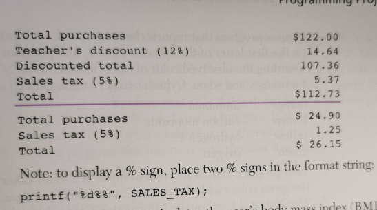 Total purchases $122.00 Teachers discount (128) 14.64 Discounted total 107.36 Sales tax (5%) 5.37 Total $112.73 Total purcha