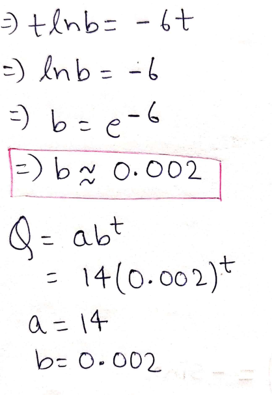 =) tlnb=-6t =) Inb=-6 =) b=e-6 E) b ~ 0.002 Q= abt - 1410.002) - a=14 b=0.002