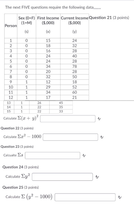 The next FIVE questions require the following data....... Sex (O=F) First Income Current Income Question 21 (3 points) (1=M)