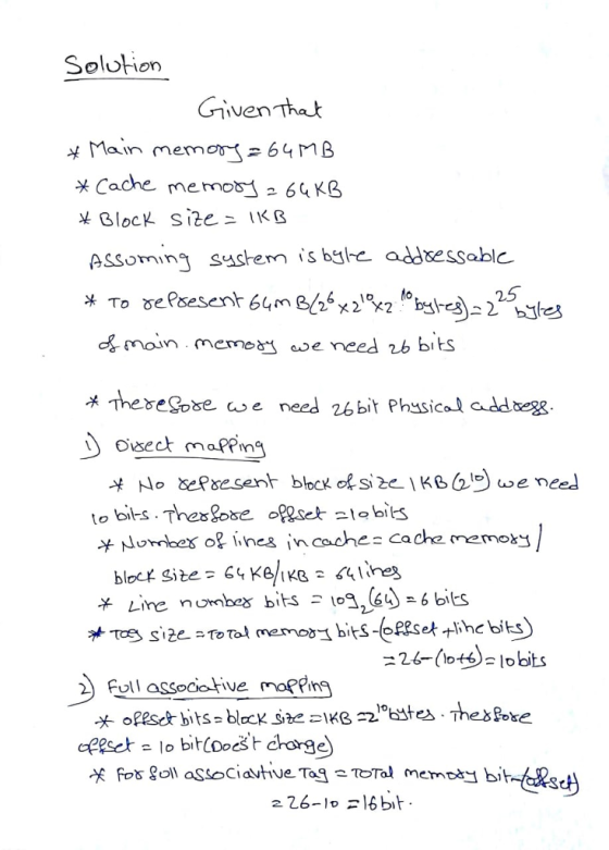 Solutior Giiven Tha У Main memo 64 MB Cache meroFj 근 64 KB 25 monmeme aoe need rb bitS Oisect maPpn Full assecietive moptns