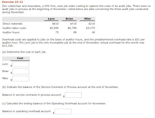 Exercise 15-12 Don Lieberman and Associates, a CPA firm, uses job order costing to capture the costs of its audit jobs. There
