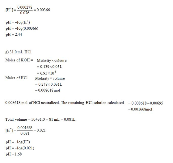 1-0000278=000366 0.076-= 0.00366 pH =-log(0.00366) pH 2.44 g) 31.0 mL HCl Moles of KOH= Molarity× volume -0.139% 0.05 L = 6.9