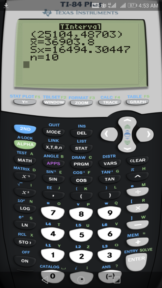 TI-84 PolTE EXAS INSTRUMENTS TInttFYO 25 1 04 48703 > Sx-16494. 30447 STAT PLOTF1 TBLSETF2 INDOw FORMAT F3CALC F4 TABLE F5 2ND A-LOCK ALPHA TEST A MATH MATRIX D QUIT MODE LINK X,T,e,n A ANGLE APPS INS DEL LIST STAT B DRAW PRGM CLEAR VARS SIN E COSFTAN G SIN COS TAN e M 10% N LOG e* s u o w Q V P 8 L5 U 5 7 9 L4 T LN RCL X STO LG V 4 6 MEM L1 Y L2 Z OFF ENTRY SOLVE 2 3 ON ENTER CATALOG ANS ?