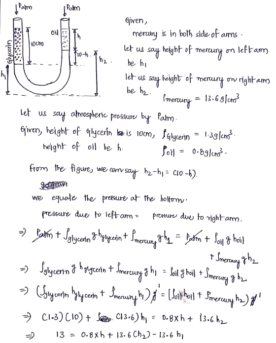 Patm I Patm oil Elth locm) Mercury Glycerin 1710+. L .. Th2 - -] be L - - Giren, mercury is in both side of arms. let us say
