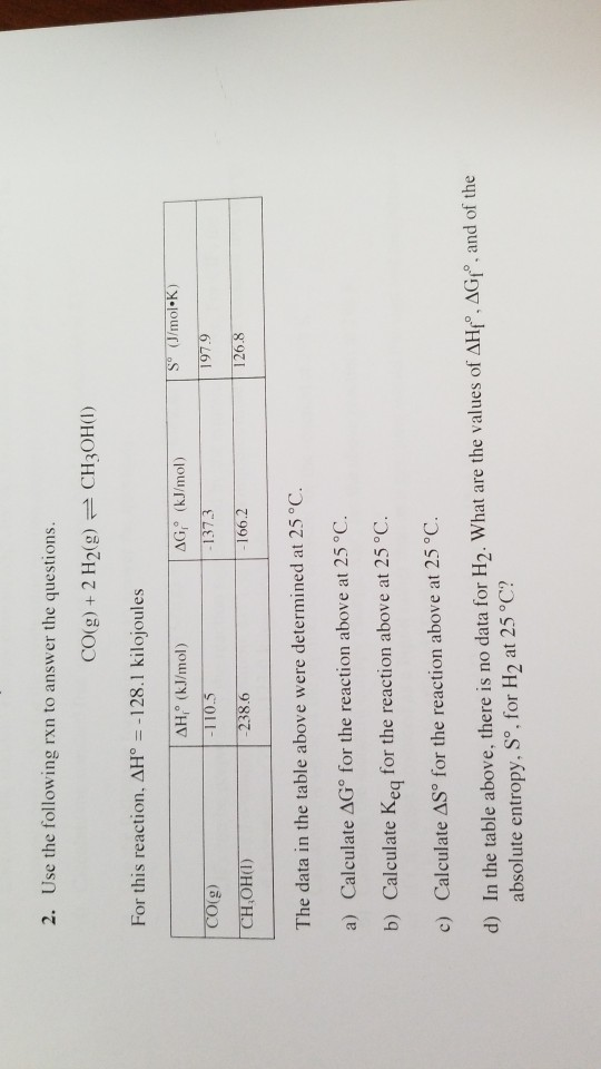 2. Use the following rxn to answer the questions. CO(g) 2 H2(g) CH3OH() For this reaction, AH° -128.1 kilojoules AH (kJ/mol)