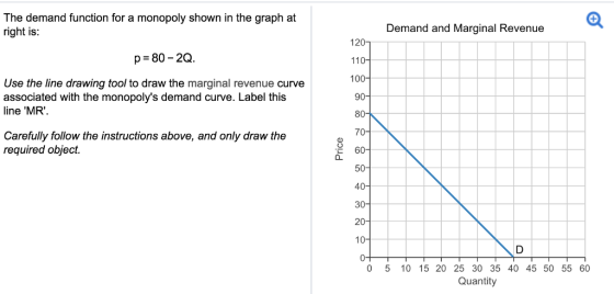 The demand function for a monopoly shown in the graph at right is: Demand and Marginal Revenue 120 110 100 p 80-2Q. Use the line drawing tool to draw the marginal revenue curve associated with the monopolys demand curve. Label this line MR. 90- 80 70- Carefully follow the instructions above, and only draw the required object. 60 50- 40 30- 20- 10- 0- 0 5 10 15 20 25 30 35 40 45 50 55 60 Quantity