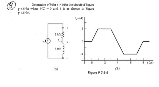 Determine for> 0 for the circuit of Figure P 7.66a when 4(0)=0 and P7.6-6b. is as shown in Figure is (mA) 4 mH -1 Figure P 7.