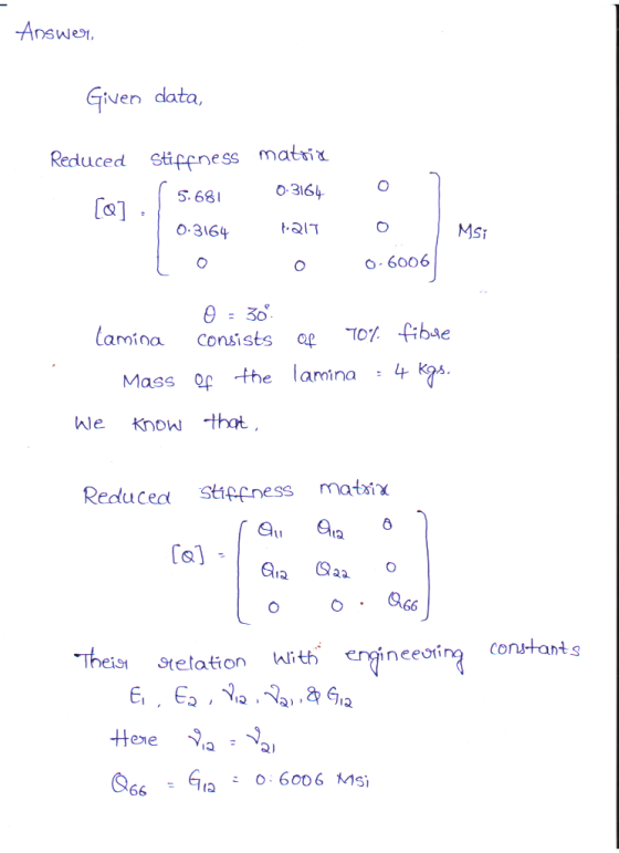 Answer, Given data, Reduced stiffness matrix 5.681 0-3164 1 0.3164 Hallo | Msi 0 0-6006 0 = 30 lamina consists of 70% fibre M