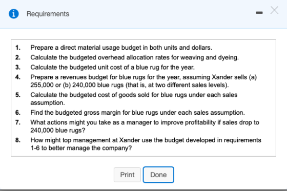 Requirements mi i Prepare a direct material usage budget in both units and dollars. Calculate the budgeted overhead allocatio
