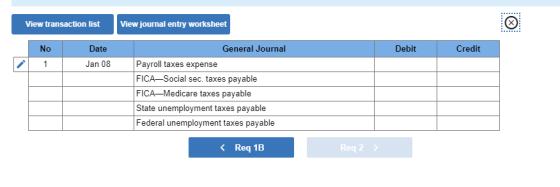 View transaction list View journal entry worksheet No Debit Credit Date Jan 08 General Journal Payroll taxes expense FICA–Soc