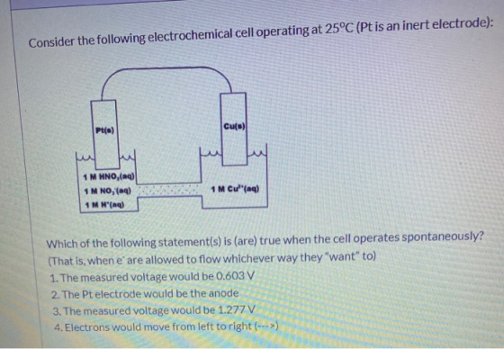 Consider the following electrochemical cell operating at 25°C (Pt is an inert electrode): Pt(a) Cu(s) 1 M HNO,(aq) 1 M NO, (a
