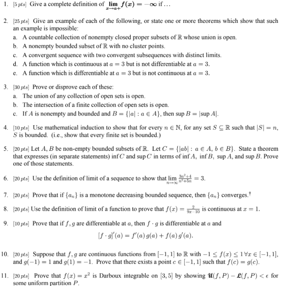 1. [5 pts] Give a complete definition of lim f(x) = -oo if... 2. [25 pts] Give an example of each of the following, or state