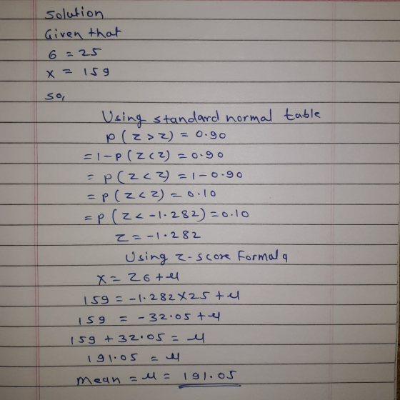 Solution Given thot Sor Using standard norma」 ble て~-1.282 Using . Seen Formal q
