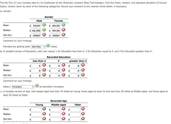 The file PO2_07.xlsx includes data on 32 employees at the (fictional) company Beta Technologies. Find the mean, median, and s