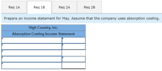 Reg 1A Req 1A Reg 1B Reg 18 Req 2A Reg 2A Reg 2B Prepare an income statement for May. Assume that the company uses absorption