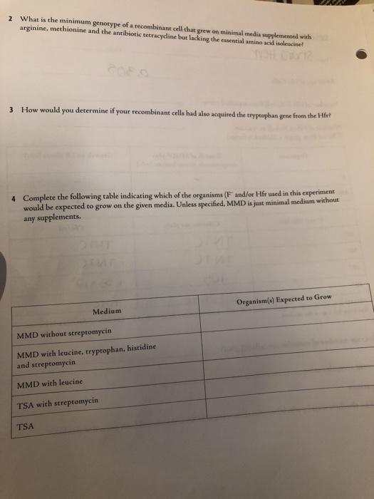 2 What is the minimum genotype of a recombinant cell that grew on minimal media supplemented with arginine, methionine and th