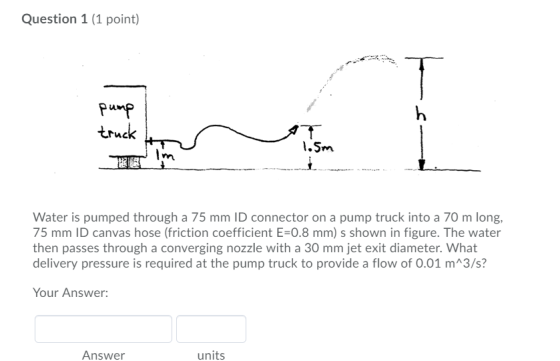 Question 1 (1 point) Punp truck HT m Water is pumped through a 75 mm ID connector on a pump truck into a 70 m long, 75 mm ID