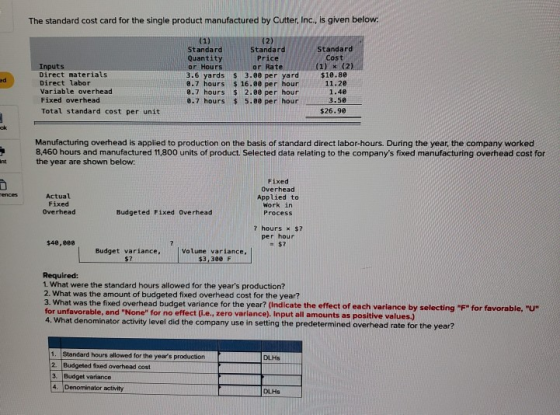 The standard cost card for the single product manufactured by Cutter, Inc., is given below. Inputs Direct materials Direct la
