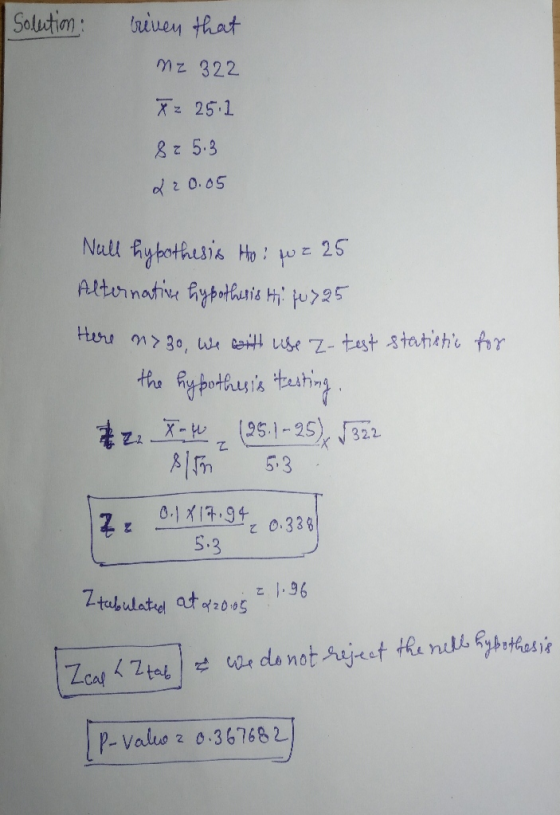 Solution: riven that MZ 322 22 25.1 825.3 & 20.05 Nall hypothesis Hoi fu = 25 Alternative hypothesis Hi fu725 Here my 30, we