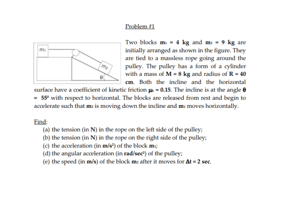 Problem #1 m1 m2 Two blocks mı = 4 kg and m2 = 9 kg are initially arranged as shown in the figure. They are tied to a massles